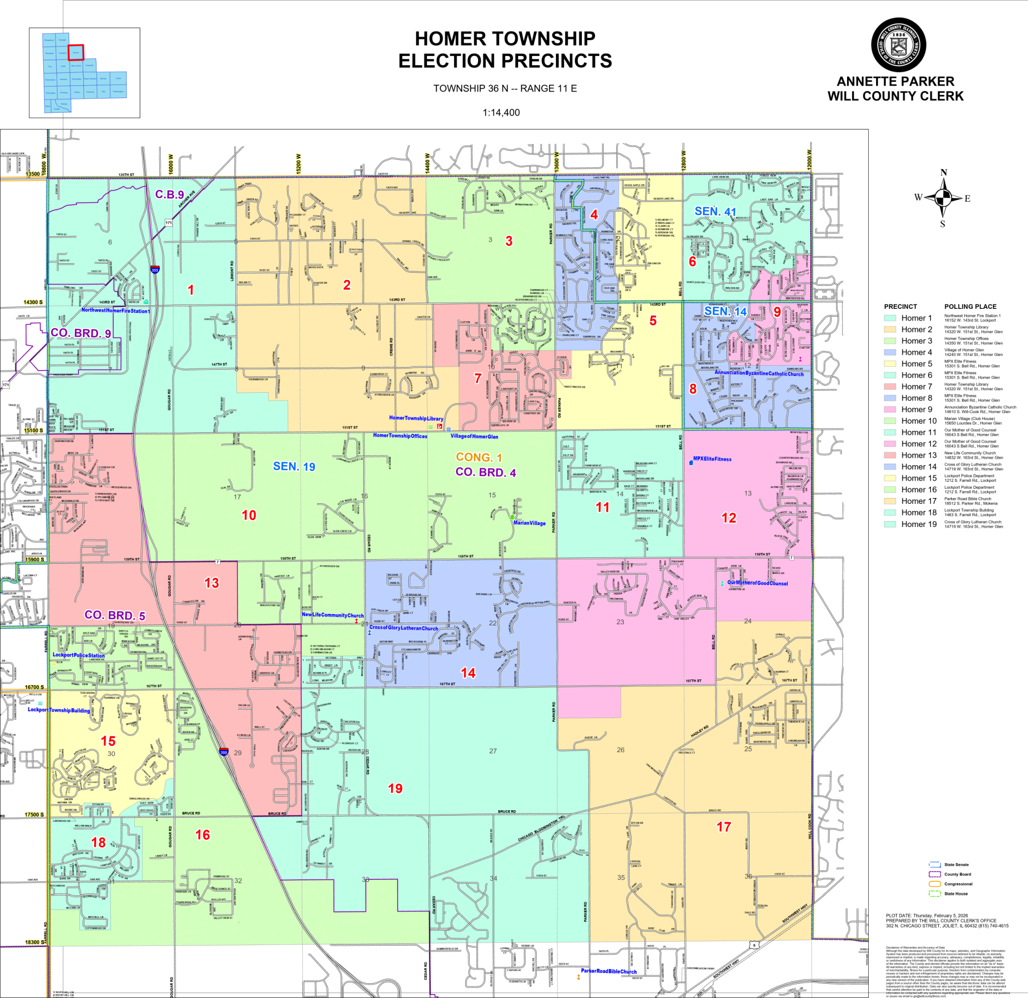 Map of Homer Township's 19 election precincts, Township 36 N, Range 11 E, with polling places